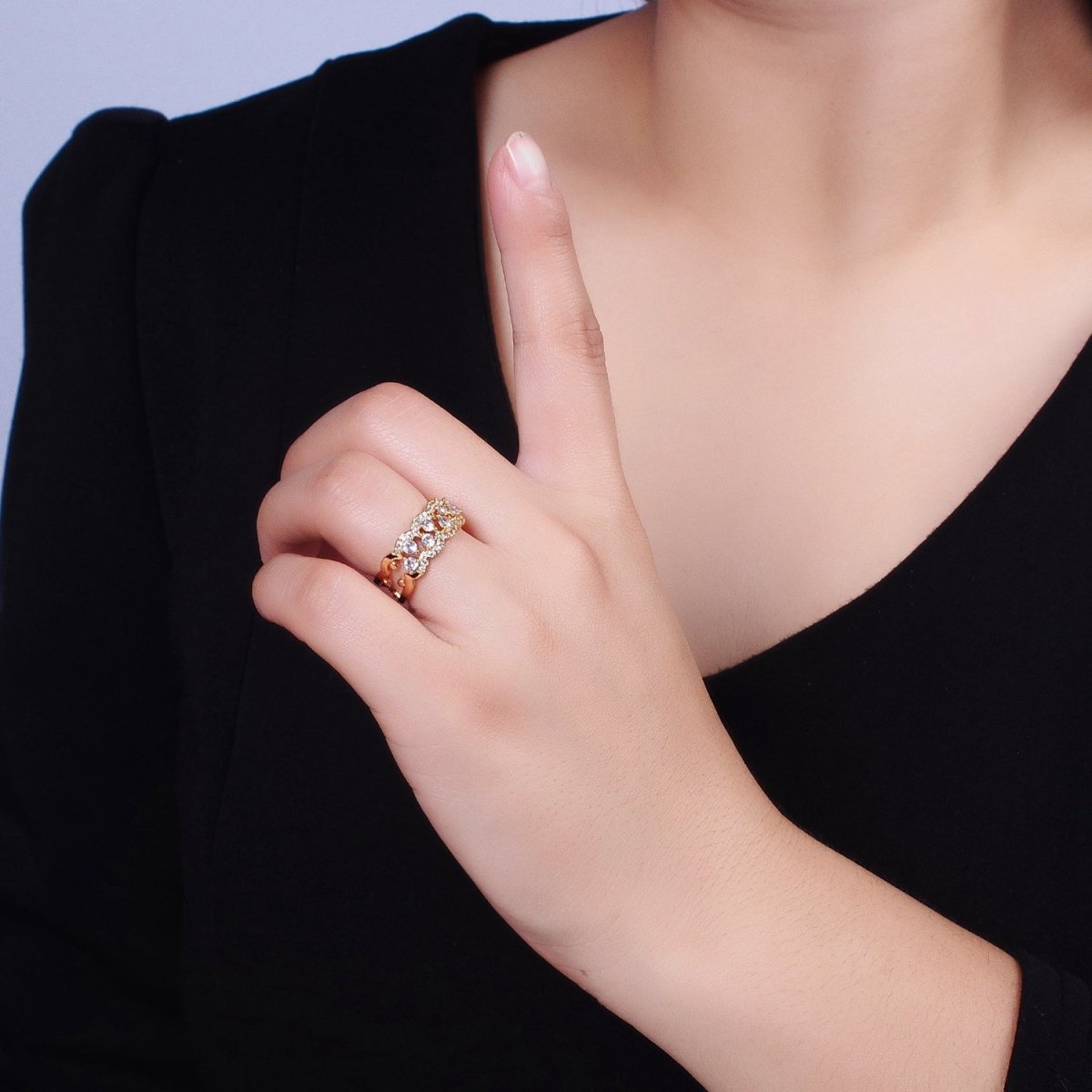 Silver, Gold Micro Paved Clear CZ Rounded Bubble Double Band Ring | O-1888 O-1889