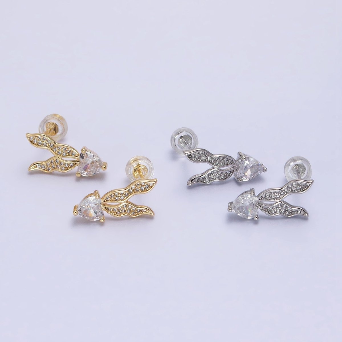 Silver, Gold Micro Paved CZ Butterfly Clear CZ Heart Drop Stud Earrings | AB955 AB974