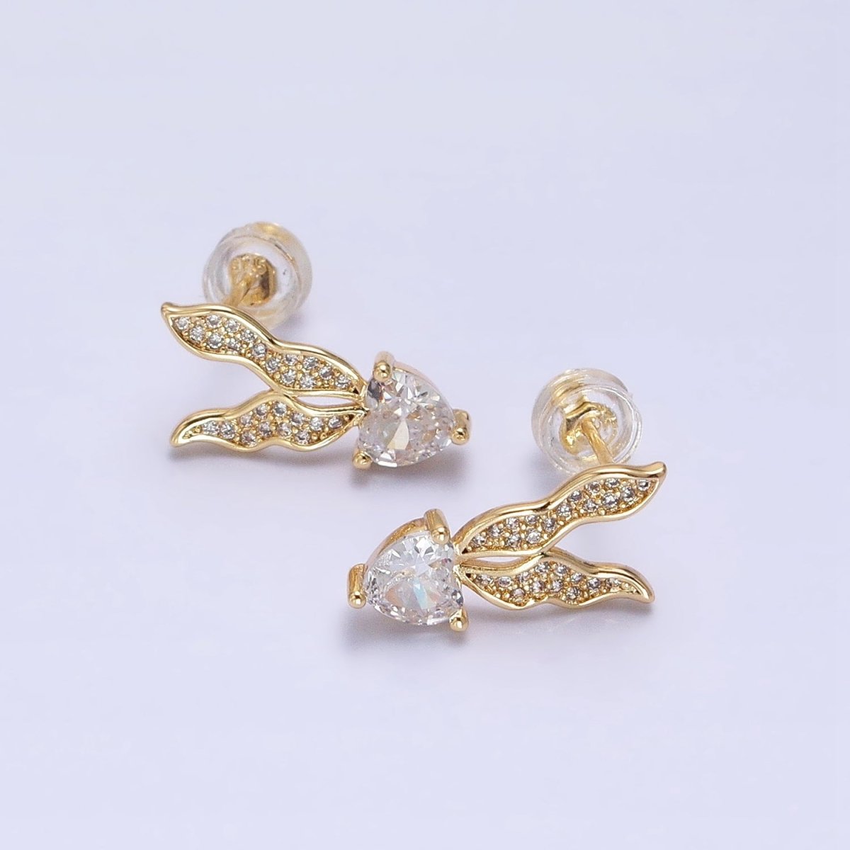 Silver, Gold Micro Paved CZ Butterfly Clear CZ Heart Drop Stud Earrings | AB955 AB974