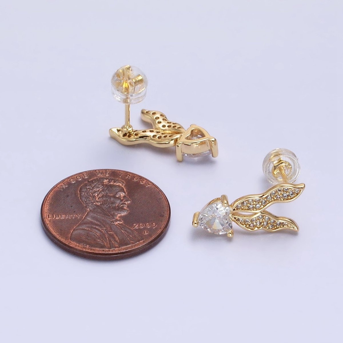 Silver, Gold Micro Paved CZ Butterfly Clear CZ Heart Drop Stud Earrings | AB955 AB974