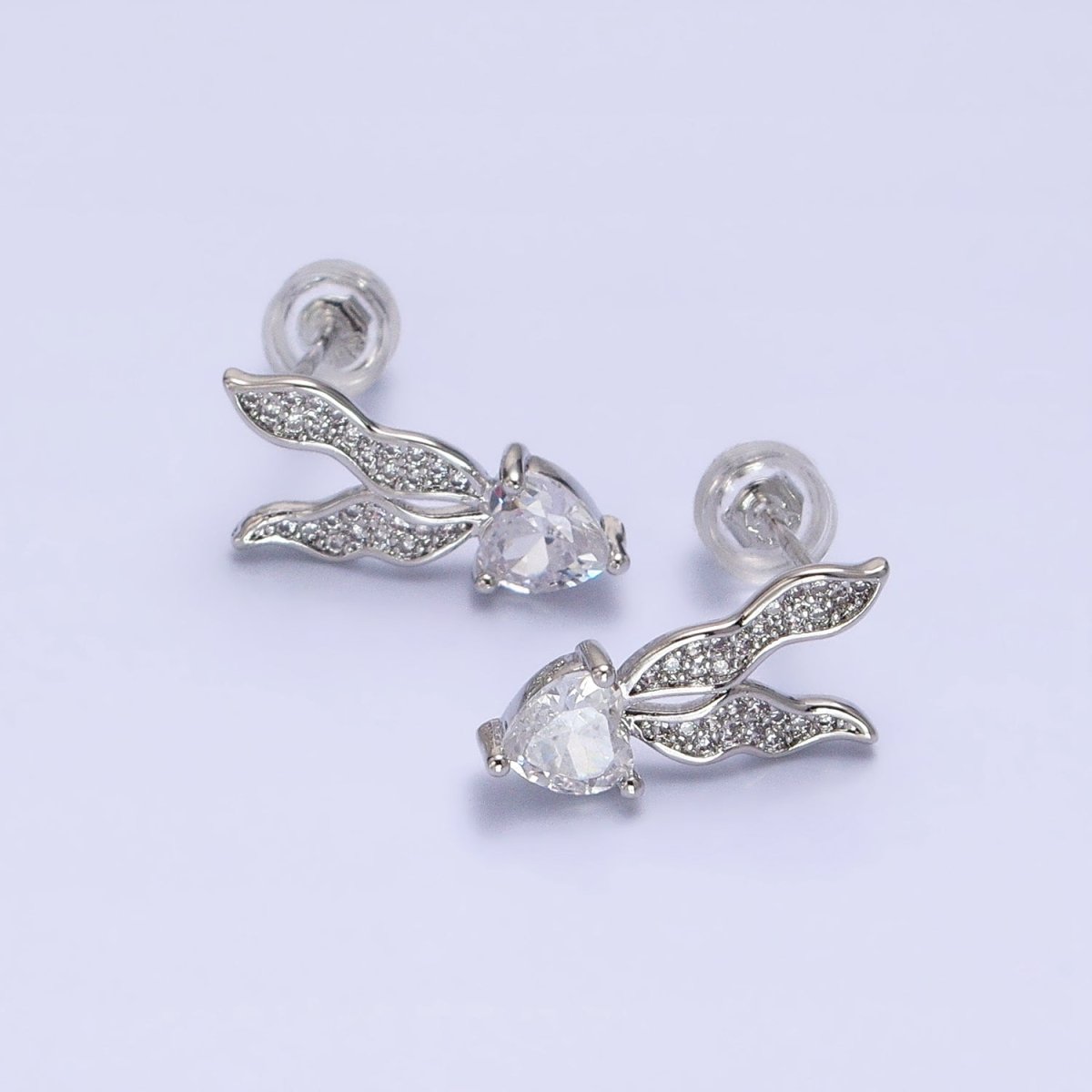Silver, Gold Micro Paved CZ Butterfly Clear CZ Heart Drop Stud Earrings | AB955 AB974