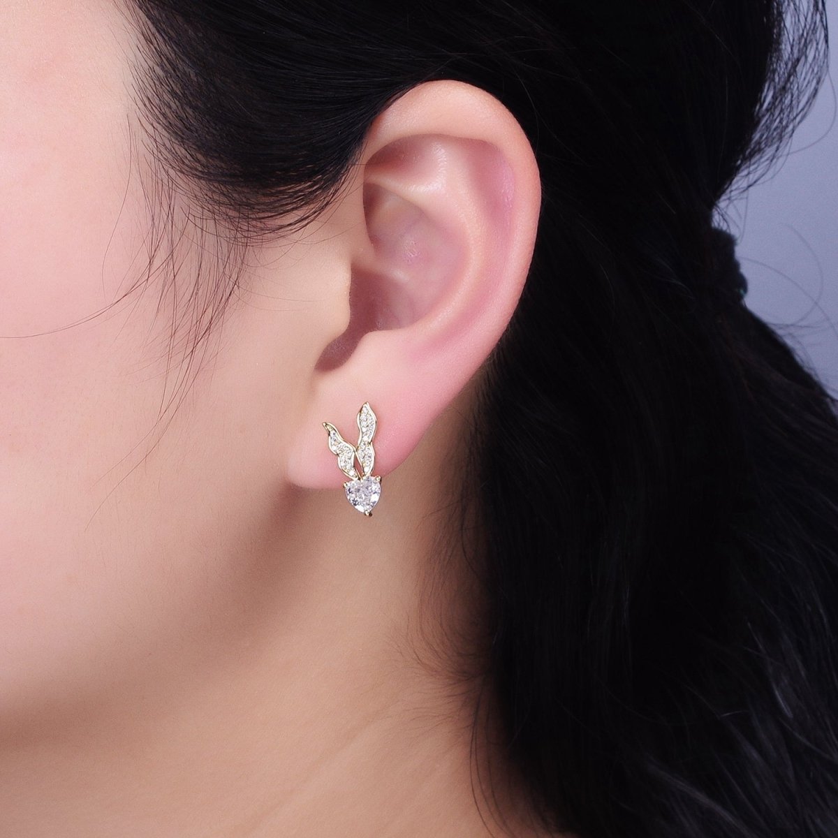 Silver, Gold Micro Paved CZ Butterfly Clear CZ Heart Drop Stud Earrings | AB955 AB974