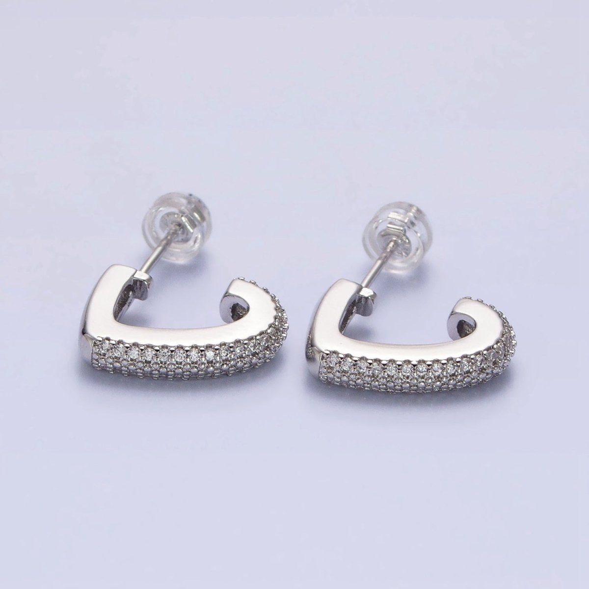 Silver, Gold Micro Paved CZ J-Shaped Geometric Hoop Earrings | AB818 AB824