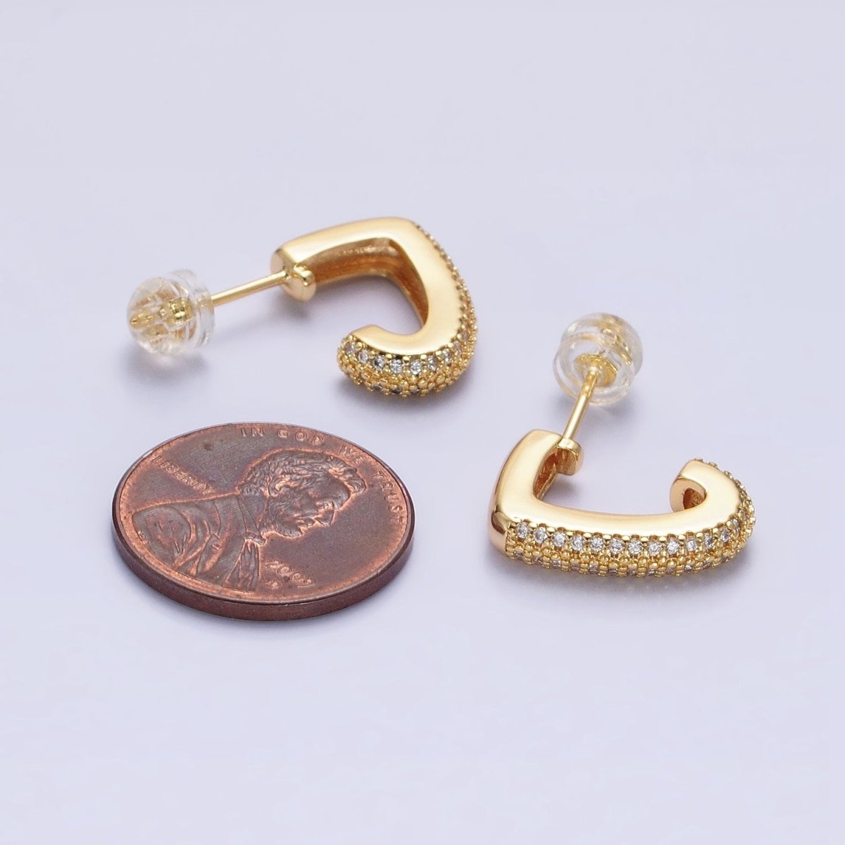 Silver, Gold Micro Paved CZ J-Shaped Geometric Hoop Earrings | AB818 AB824