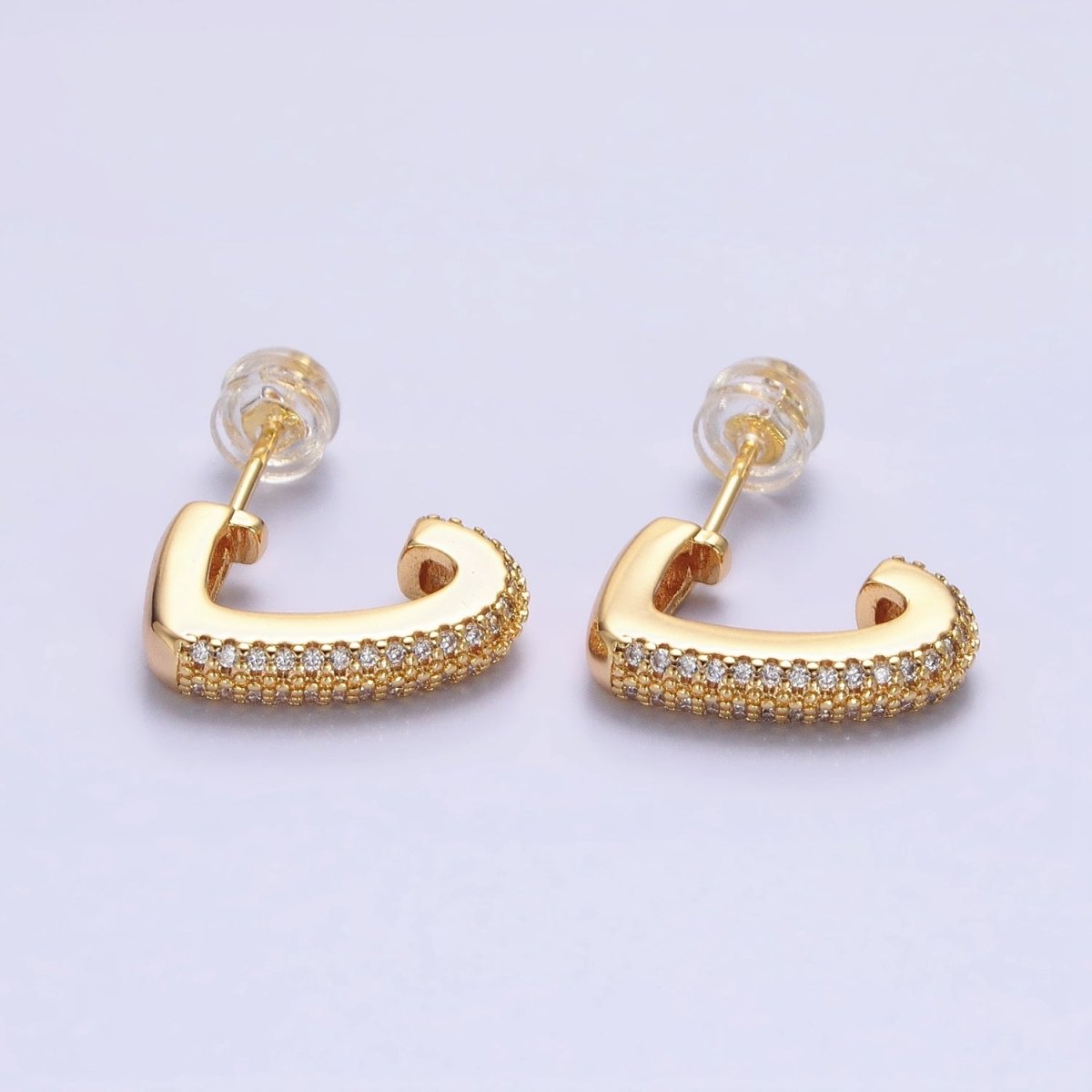 Silver, Gold Micro Paved CZ J-Shaped Geometric Hoop Earrings | AB818 AB824