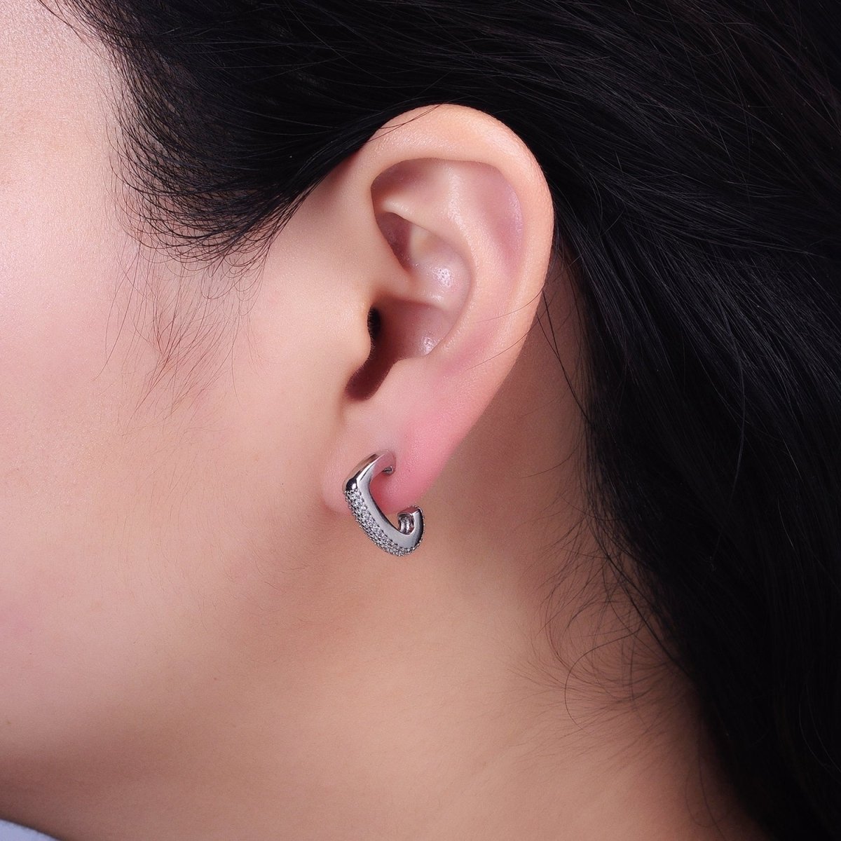 Silver, Gold Micro Paved CZ J-Shaped Geometric Hoop Earrings | AB818 AB824