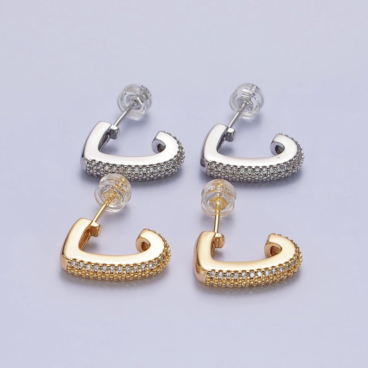 Silver, Gold Micro Paved CZ J-Shaped Geometric Hoop Earrings | AB818 AB824