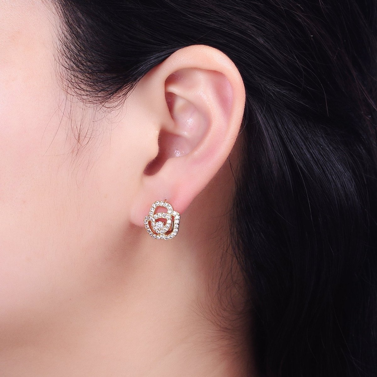 Silver, Gold Micro Paved CZ Rose Flower 13mm Cartilage Huggie Earrings | AB898 AB910