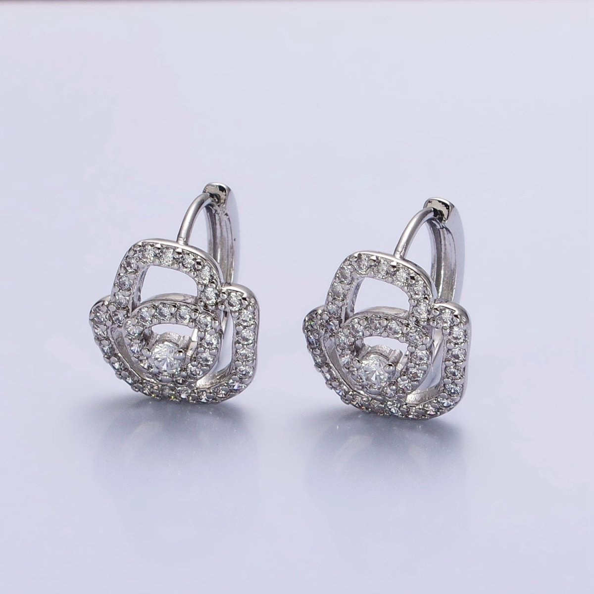 Silver, Gold Micro Paved CZ Rose Flower 13mm Cartilage Huggie Earrings | AB898 AB910
