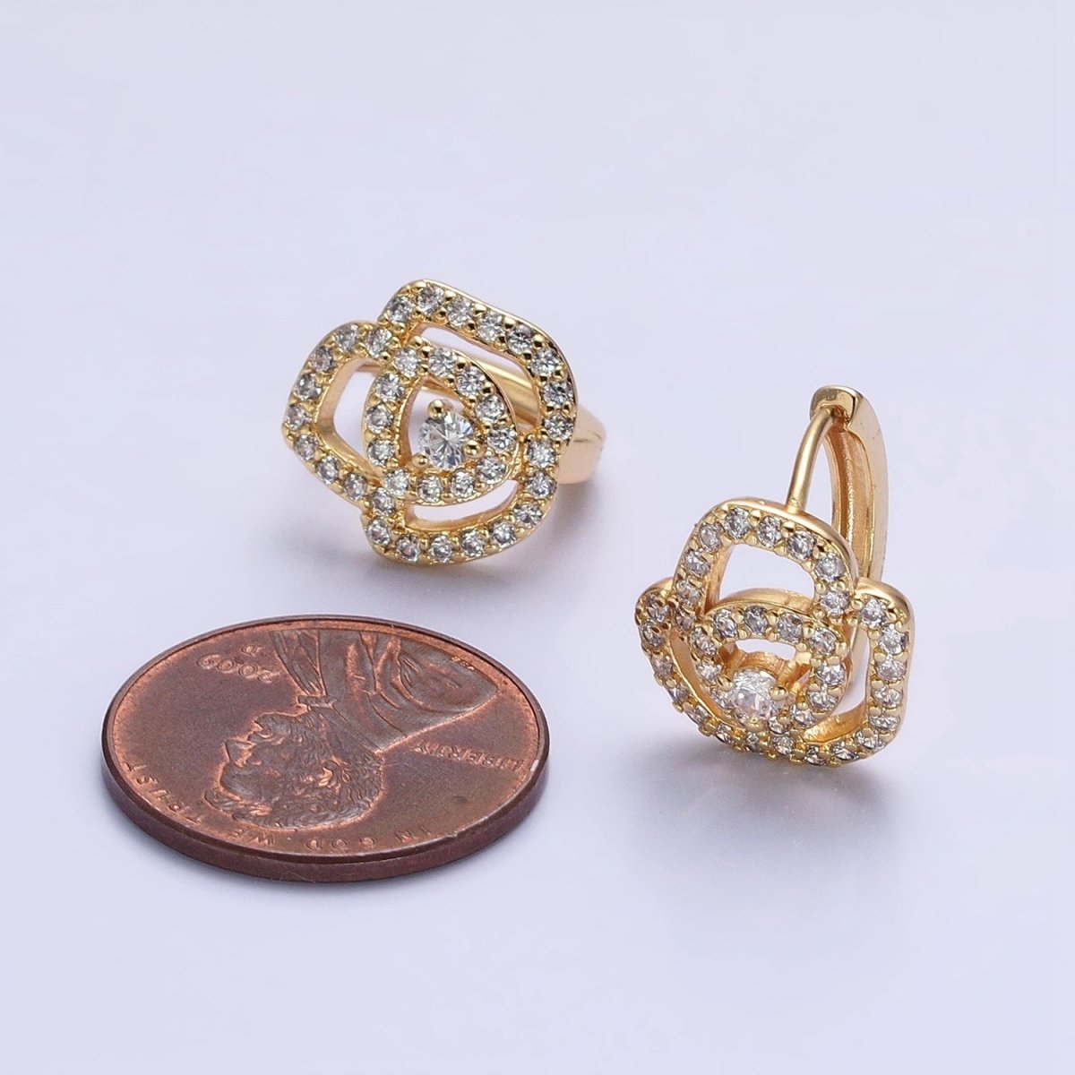 Silver, Gold Micro Paved CZ Rose Flower 13mm Cartilage Huggie Earrings | AB898 AB910
