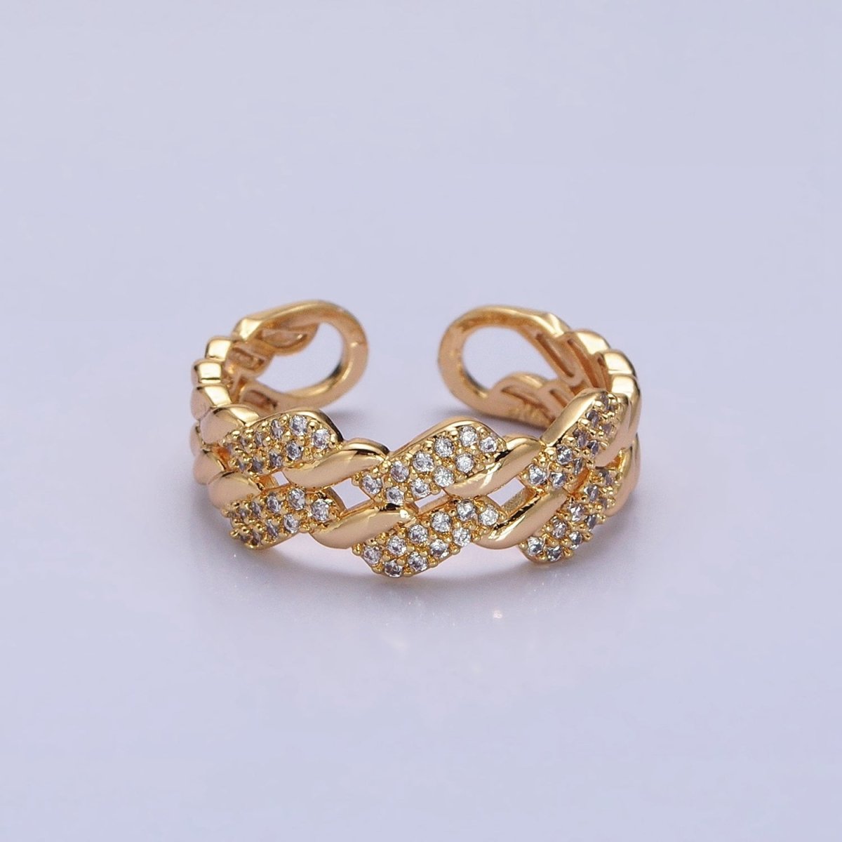 Silver, Gold Micro Paved Flat Curb Micro Paved CZ Chain Link Double Band Ring | O-1501 O-1502 O-1503 O-1504