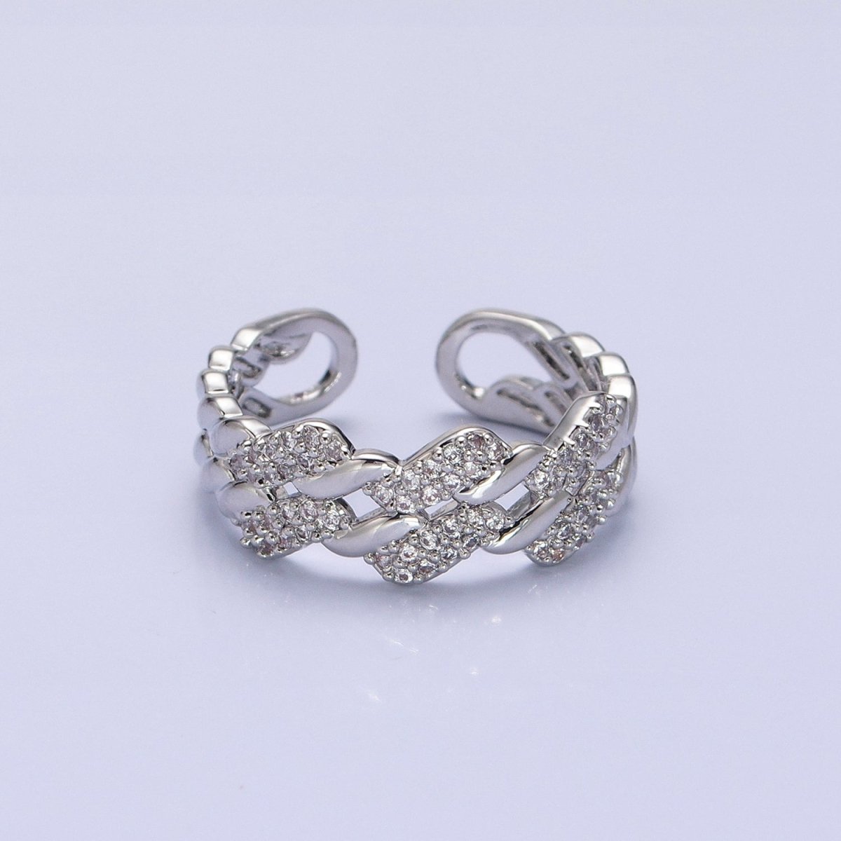 Silver, Gold Micro Paved Flat Curb Micro Paved CZ Chain Link Double Band Ring | O-1501 O-1502 O-1503 O-1504