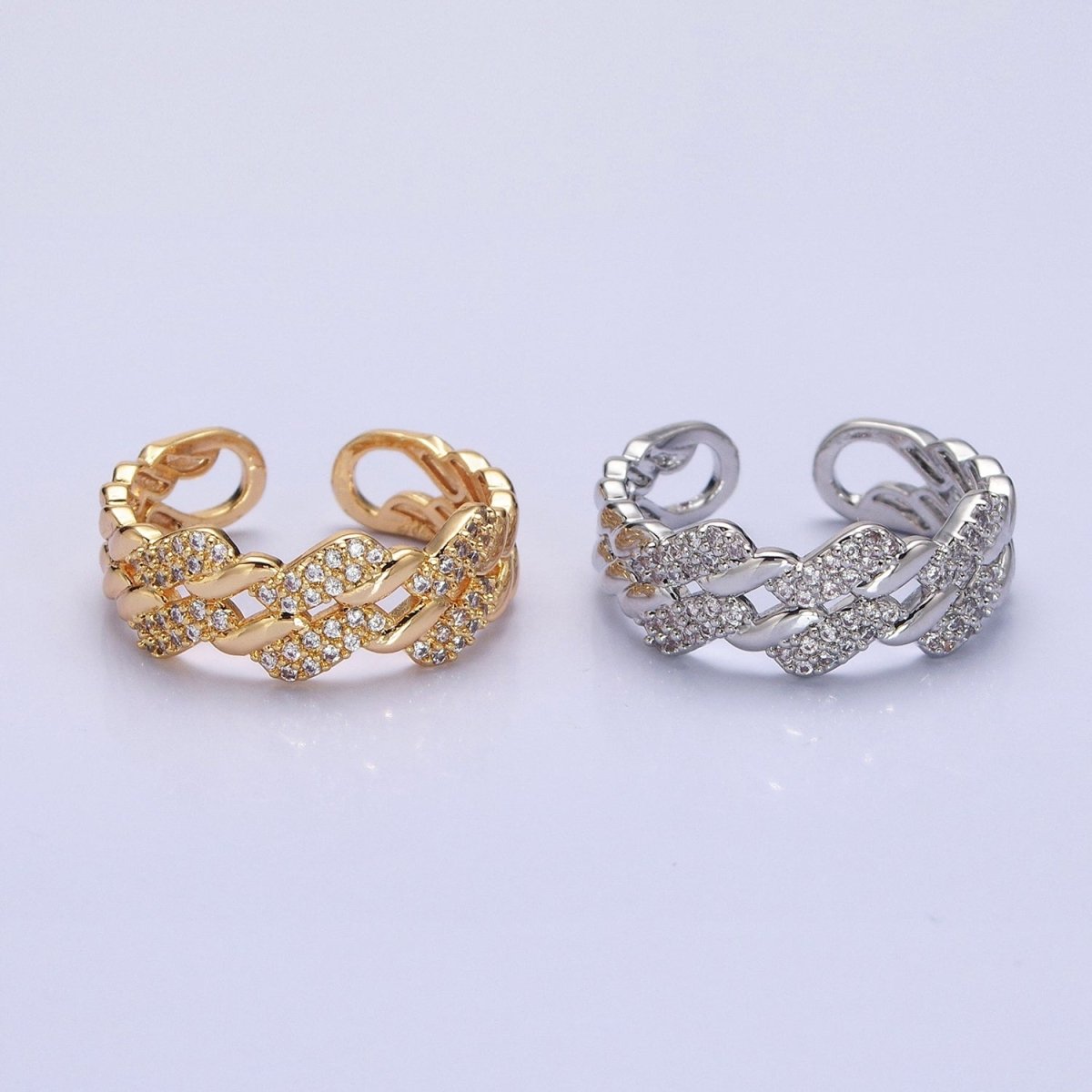 Silver, Gold Micro Paved Flat Curb Micro Paved CZ Chain Link Double Band Ring | O-1501 O-1502 O-1503 O-1504