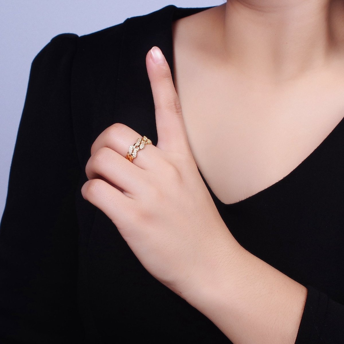 Silver, Gold Micro Paved Flat Curb Micro Paved CZ Chain Link Double Band Ring | O-1501 O-1502 O-1503 O-1504