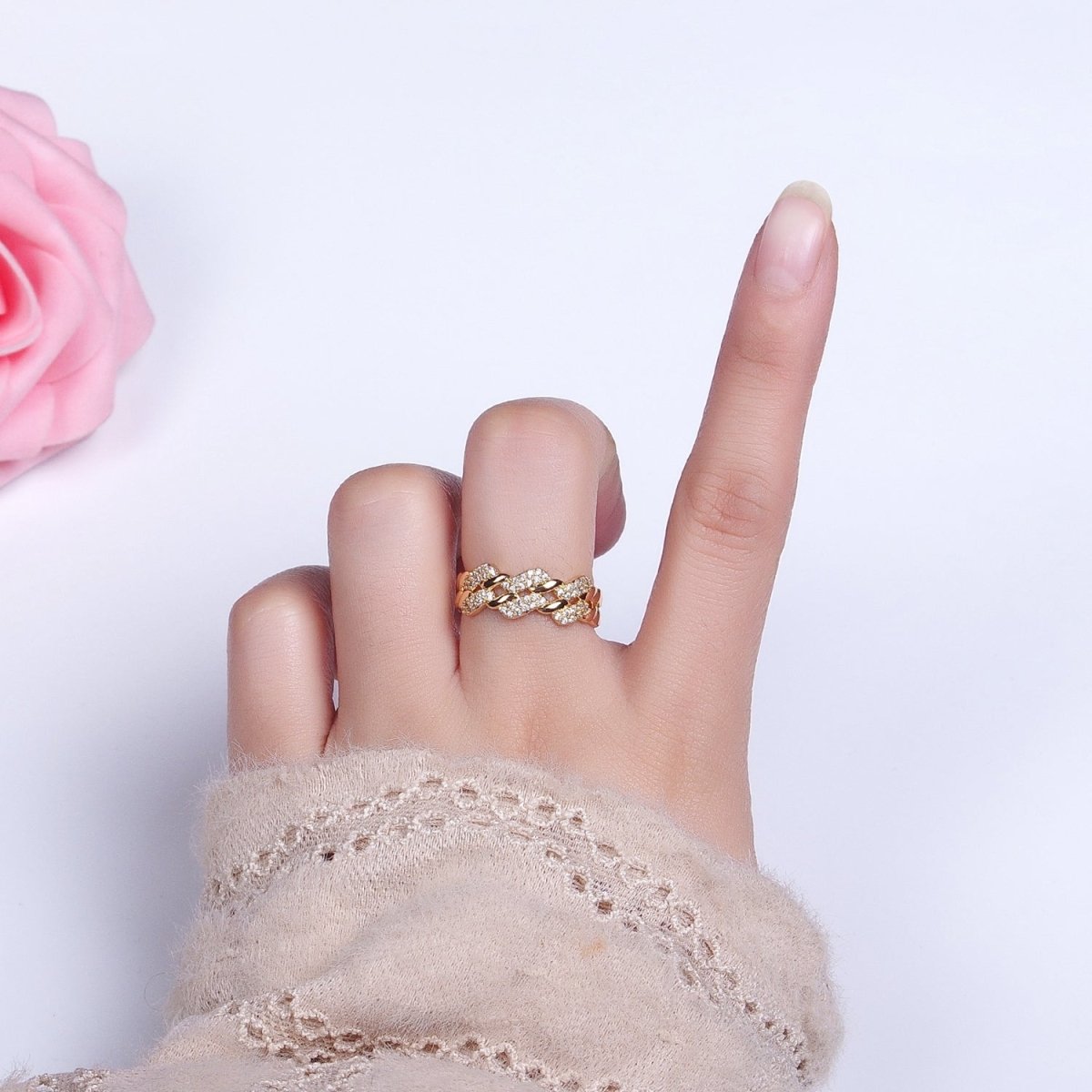 Silver, Gold Micro Paved Flat Curb Micro Paved CZ Chain Link Double Band Ring | O-1501 O-1502 O-1503 O-1504