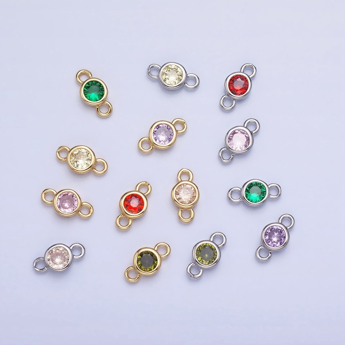 Silver, Gold Mini Round Purple, Pink, Peridot, Green, Red, Yellow, Topaz CZ Connector | Y-857~Y-863