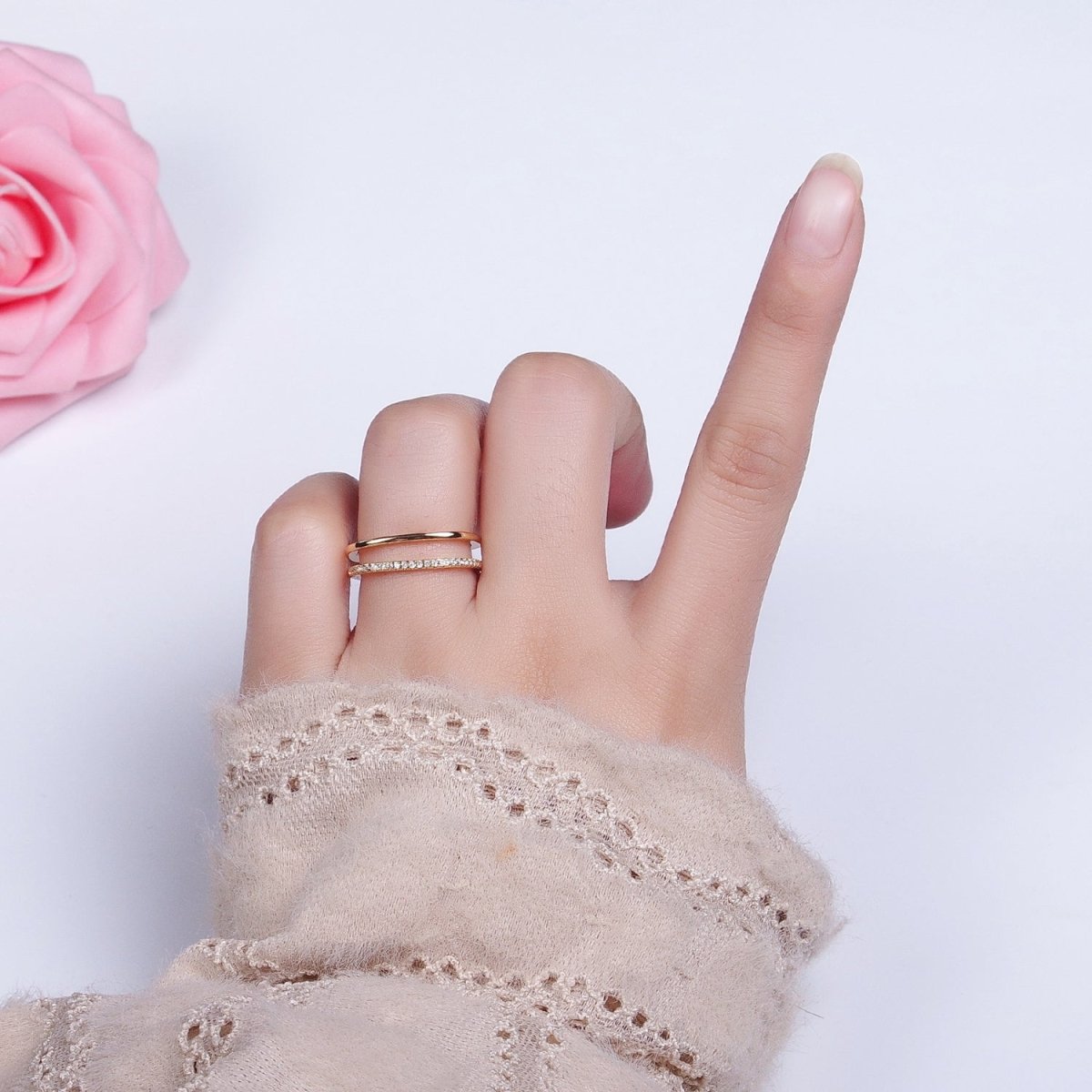 Silver, Gold Minimalist Clear Micro Paved CZ Square Double Band Ring | O-1509 O-1510