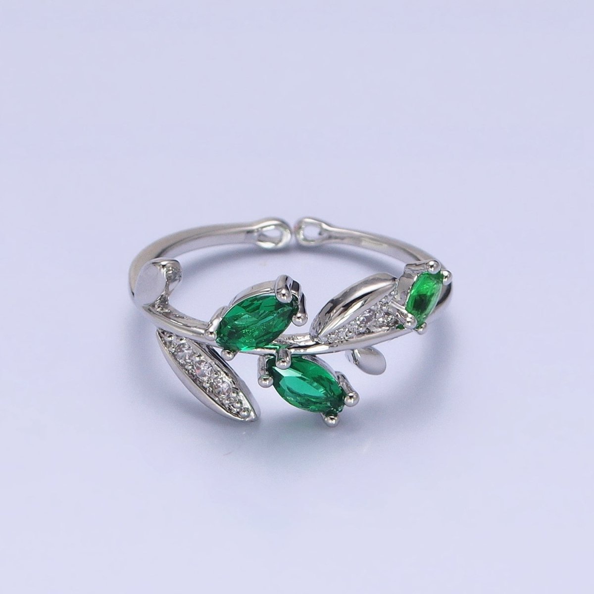 Silver, Gold Nature Leaf Green Marquise Micro Paved CZ Adjustable Ring | O-1894 O-1895