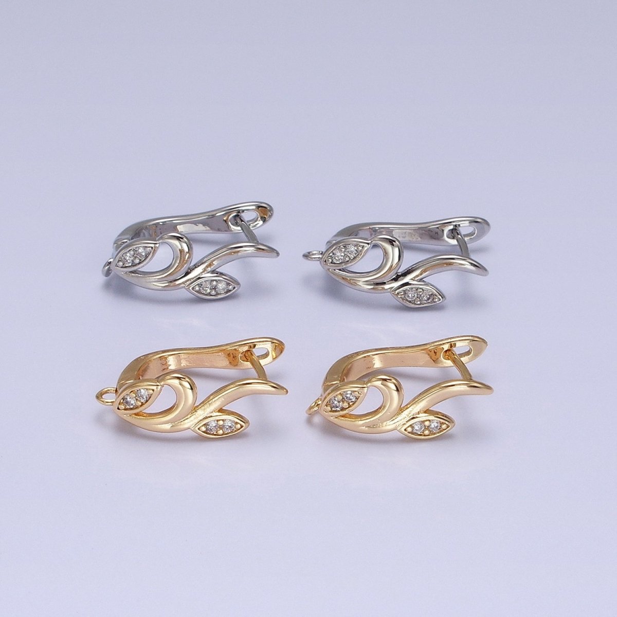 Silver, Gold Nature Vine Leaf Plant Micro Paved CZ Open Loop English Lock Earring Supply | Z-205 Z-217