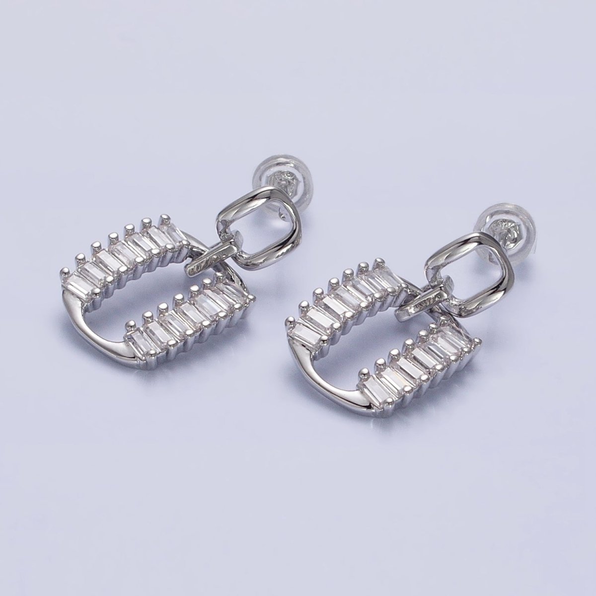 Silver, Gold Rectangular Baguette Lined Oblong Drop Stud Earrings | AB891 AB908