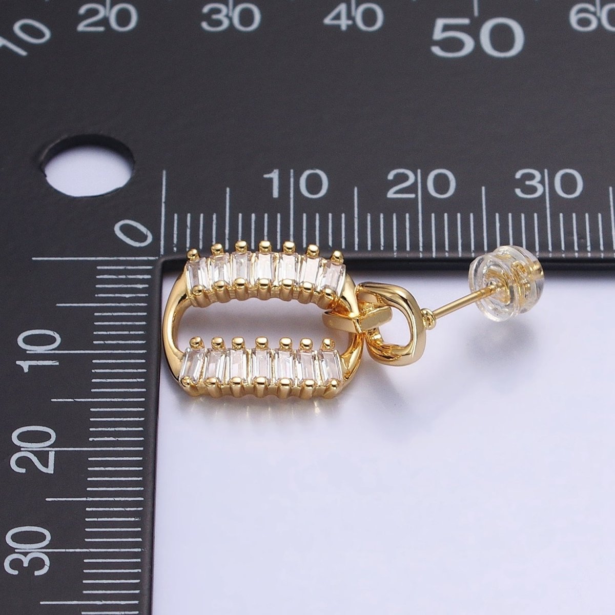 Silver, Gold Rectangular Baguette Lined Oblong Drop Stud Earrings | AB891 AB908