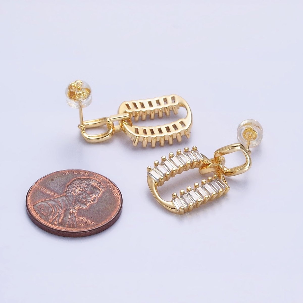 Silver, Gold Rectangular Baguette Lined Oblong Drop Stud Earrings | AB891 AB908