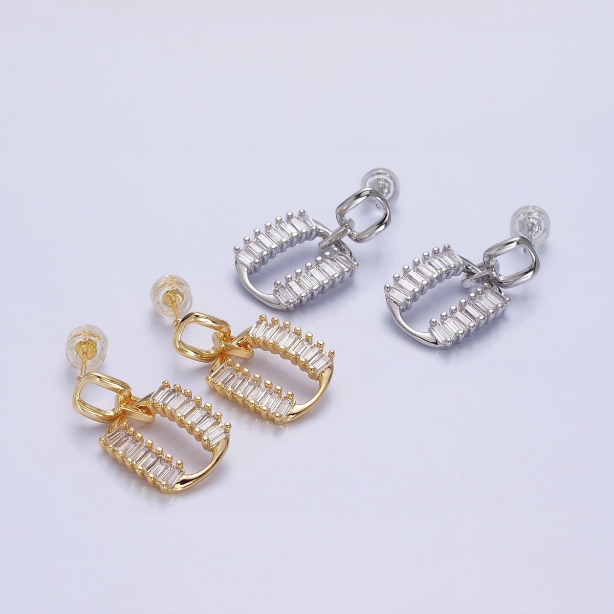 Silver, Gold Rectangular Baguette Lined Oblong Drop Stud Earrings | AB891 AB908