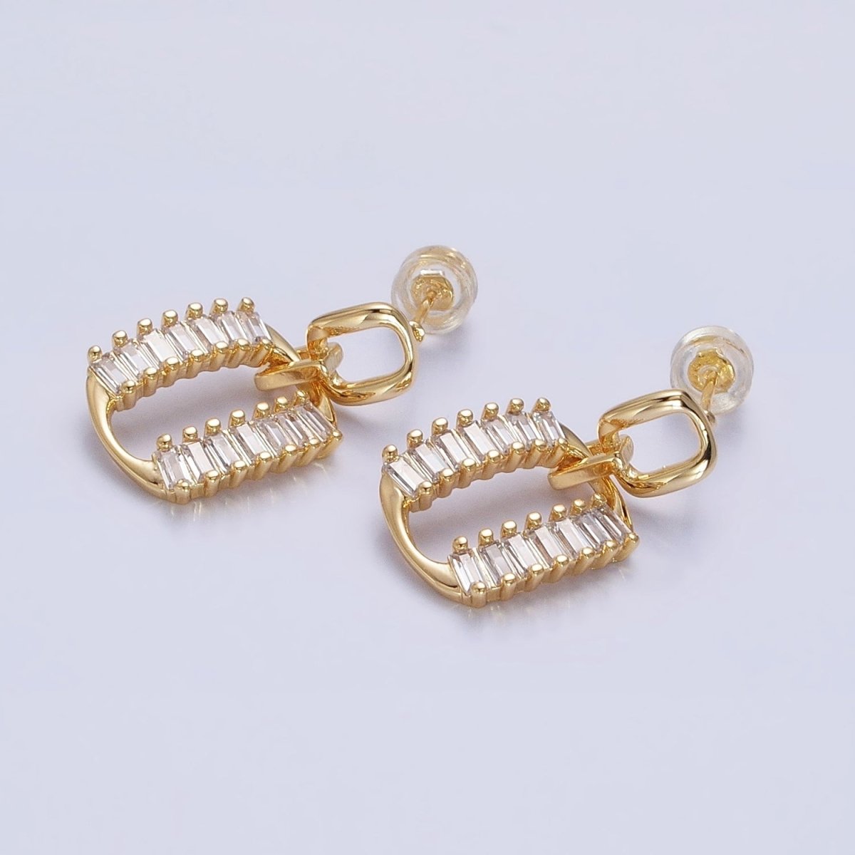 Silver, Gold Rectangular Baguette Lined Oblong Drop Stud Earrings | AB891 AB908