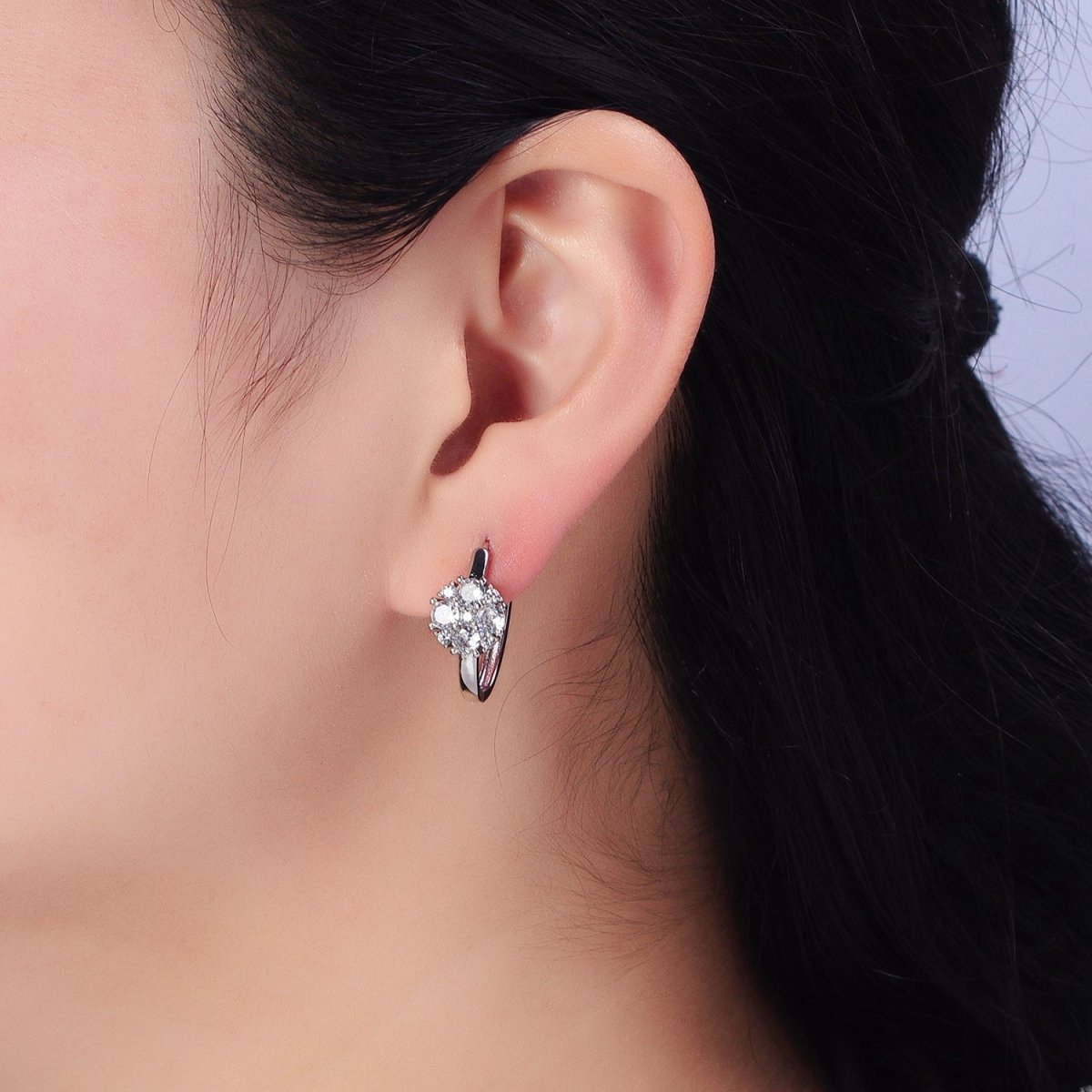 Silver, Gold Round Clear CZ 20mm U-Shaped Oblong Hoop Earrings | AB448 AB458