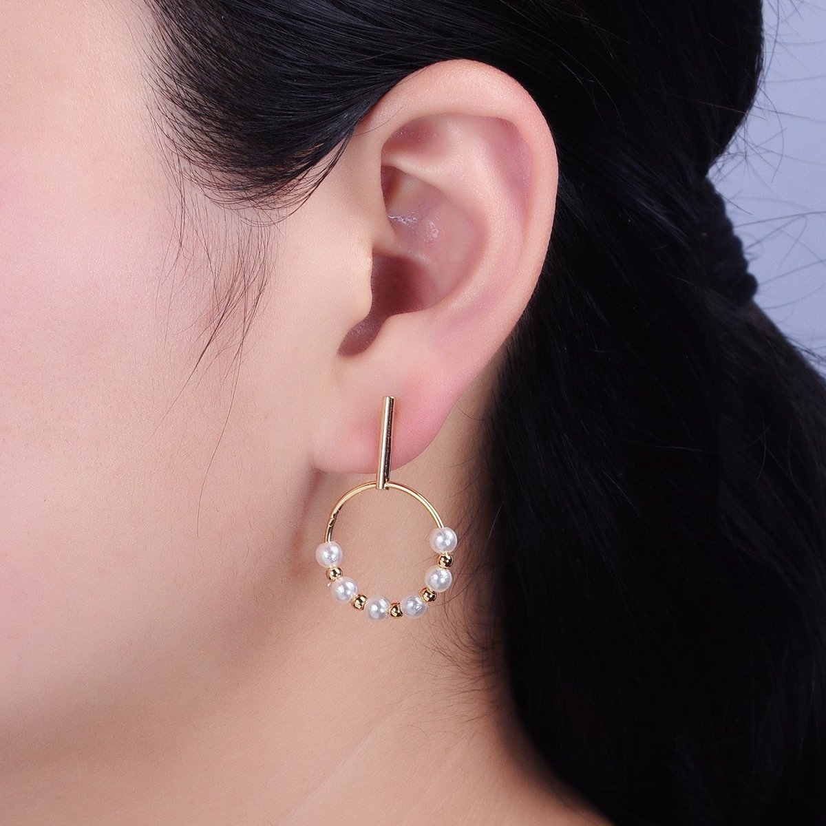Silver, Gold Round White Pearl Bead Circular Drop Linear Stud Earrings | AB1098 AD784