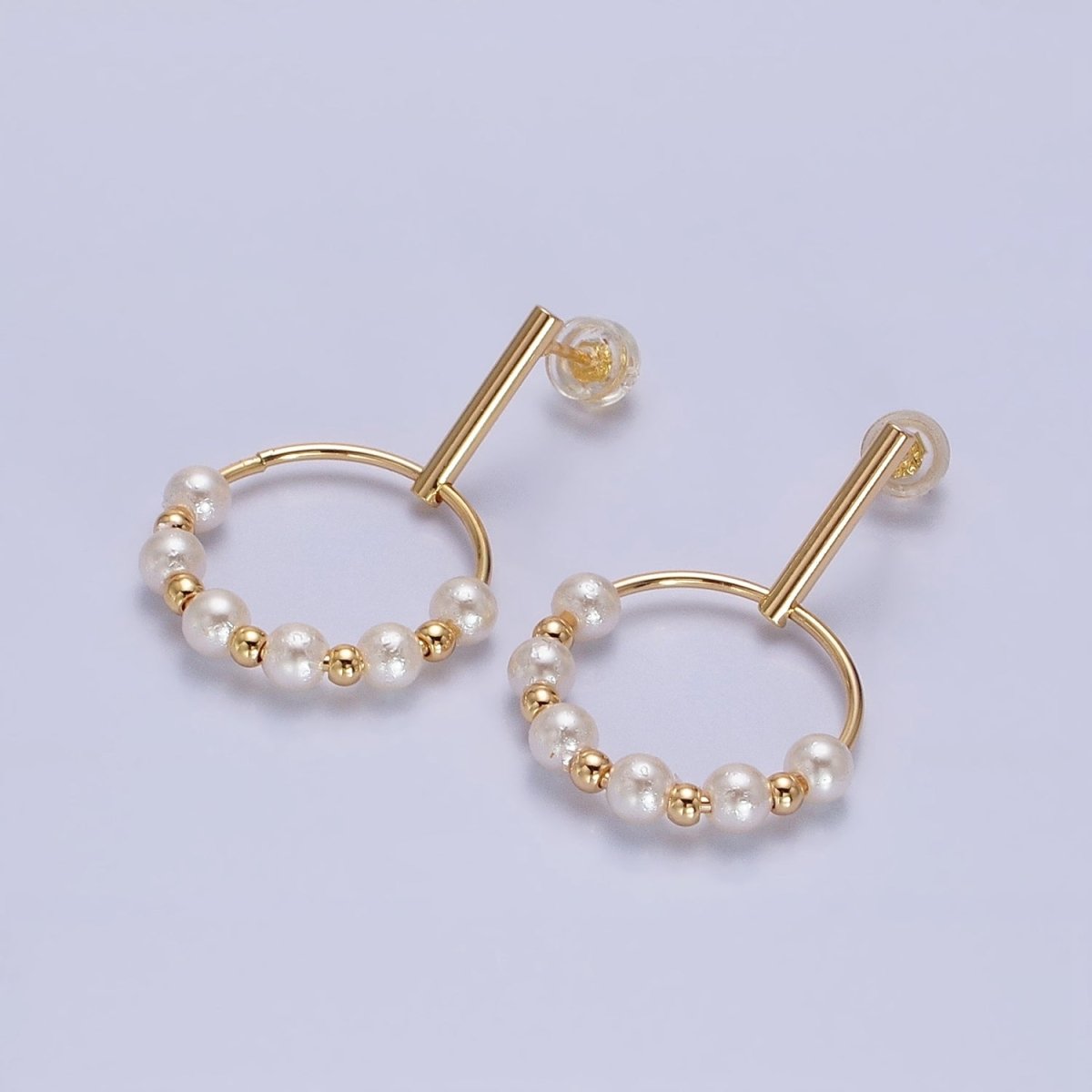 Silver, Gold Round White Pearl Bead Circular Drop Linear Stud Earrings | AB1098 AD784