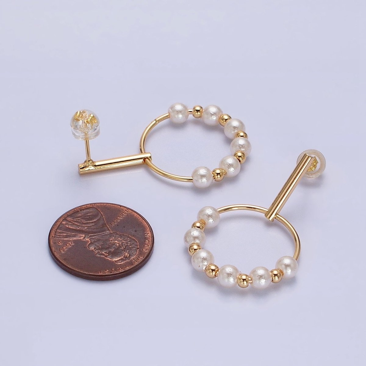 Silver, Gold Round White Pearl Bead Circular Drop Linear Stud Earrings | AB1098 AD784