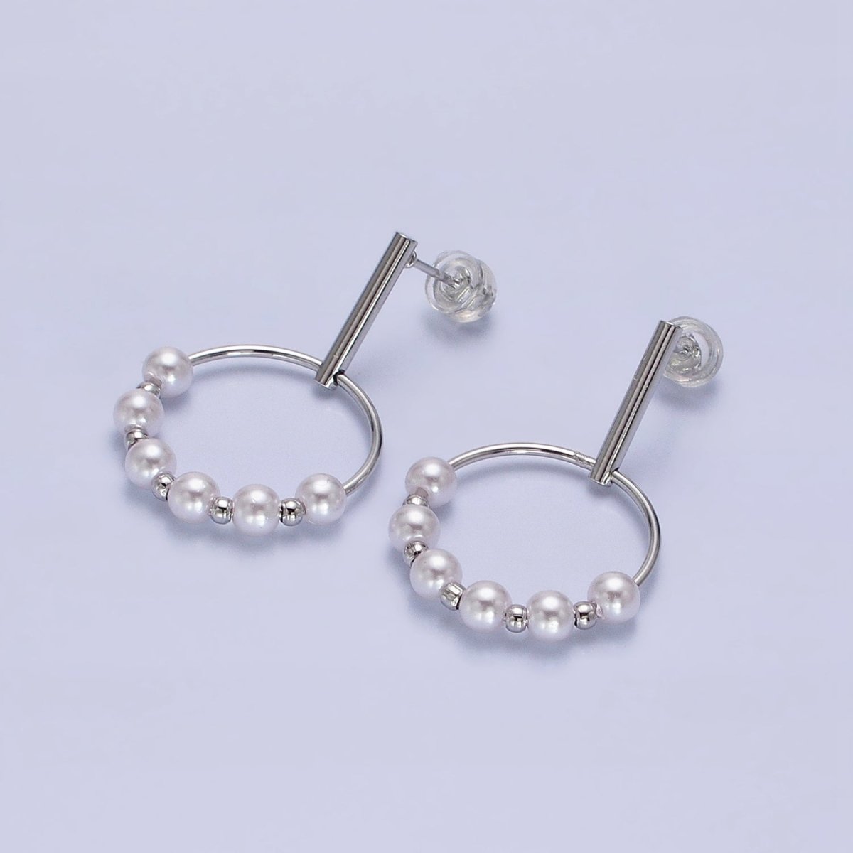 Silver, Gold Round White Pearl Bead Circular Drop Linear Stud Earrings | AB1098 AD784