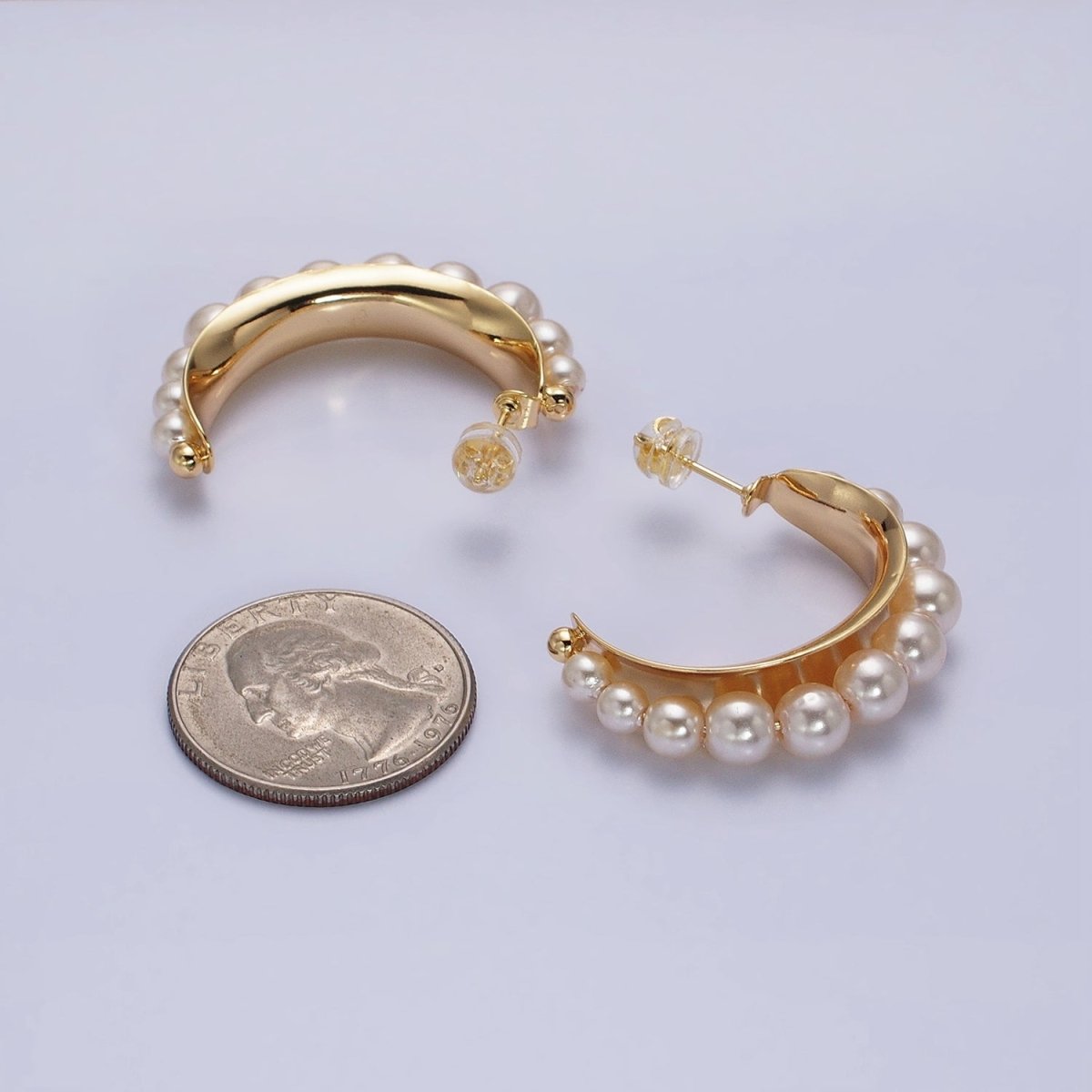 Silver, Gold Round White Pearl Lined C-Shaped Hoop Earrings | AD782 AD793