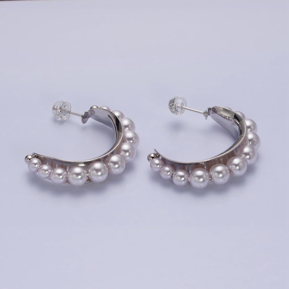Silver, Gold Round White Pearl Lined C-Shaped Hoop Earrings | AD782 AD793