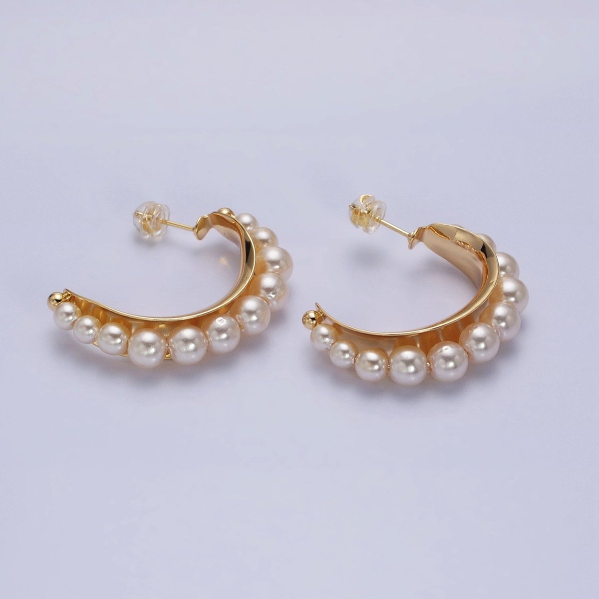 Silver, Gold Round White Pearl Lined C-Shaped Hoop Earrings | AD782 AD793