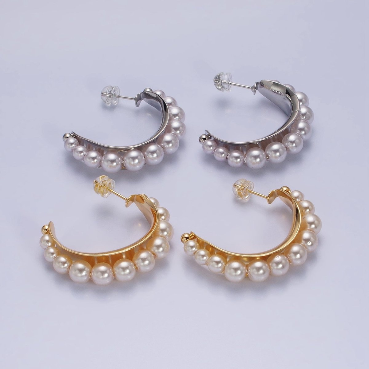 Silver, Gold Round White Pearl Lined C-Shaped Hoop Earrings | AD782 AD793