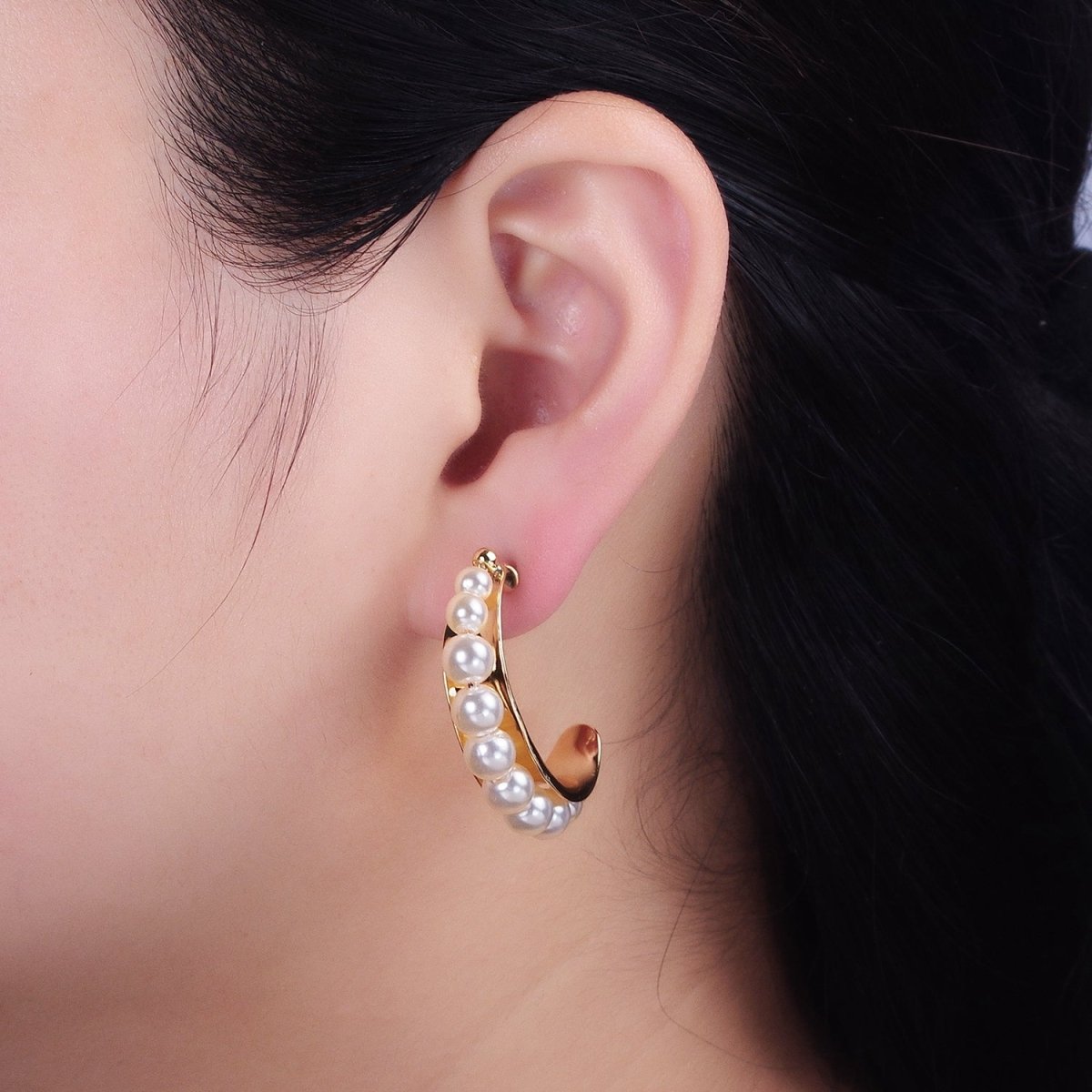 Silver, Gold Round White Pearl Lined C-Shaped Hoop Earrings | AD782 AD793