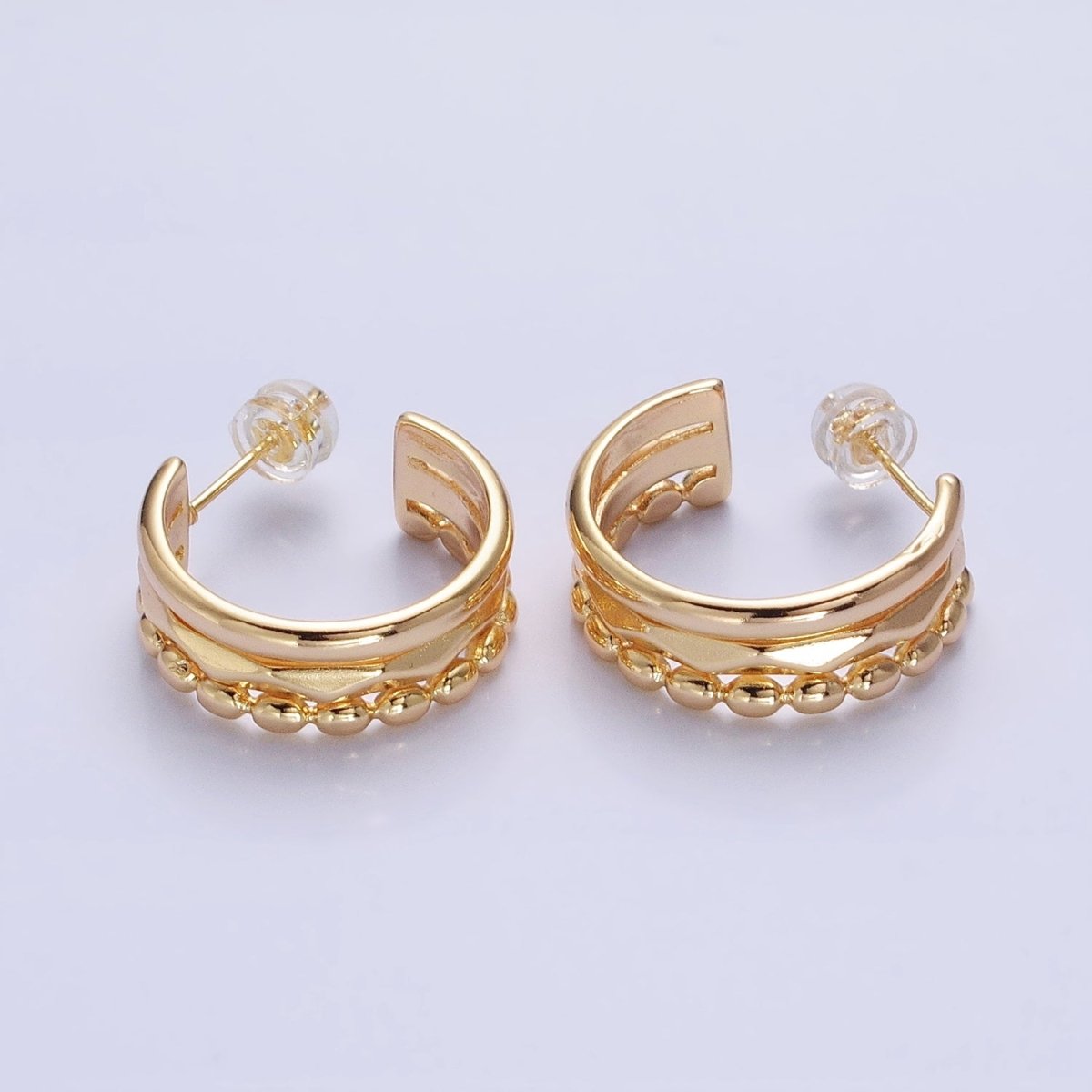 Silver, Gold Triple Band Dented Beaded C-Shaped Wide C-Shaped Hoop Earrings | AB890 AB903