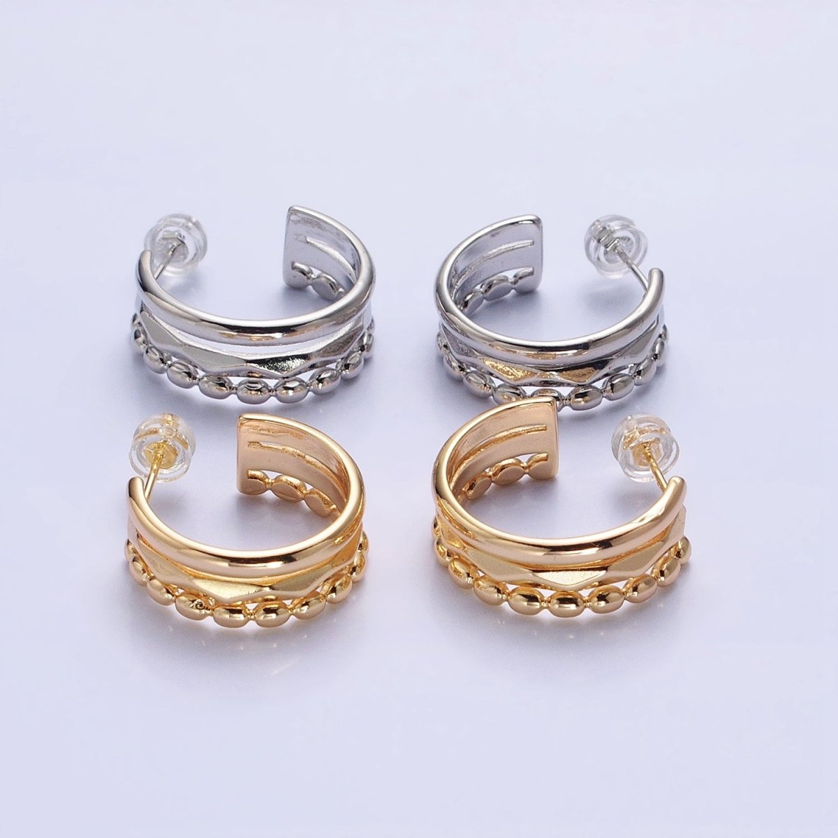 Silver, Gold Triple Band Dented Beaded C-Shaped Wide C-Shaped Hoop Earrings | AB890 AB903