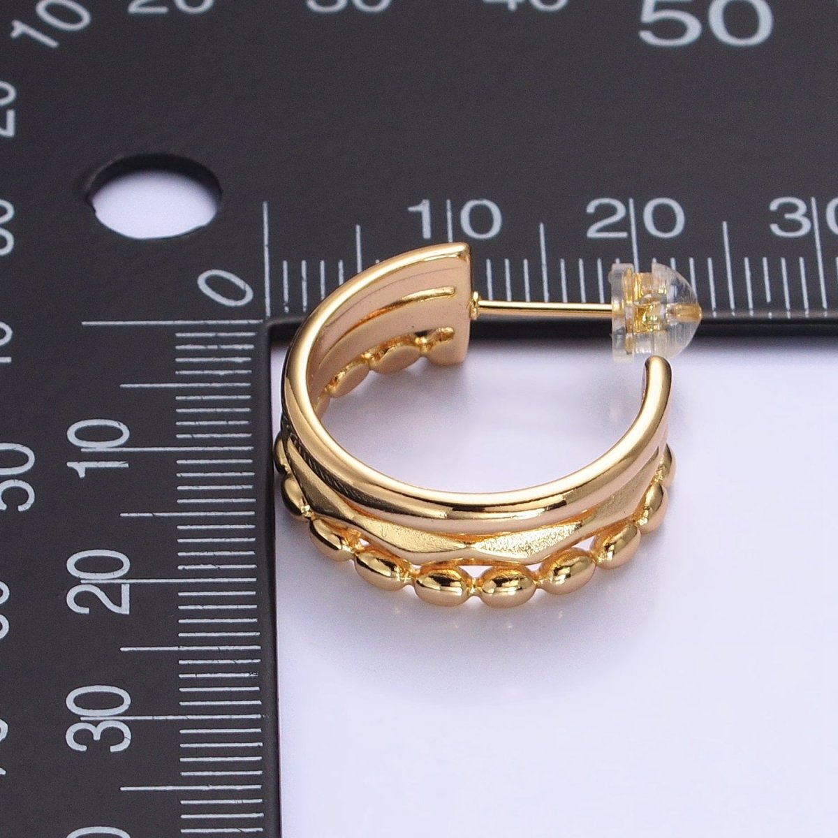 Silver, Gold Triple Band Dented Beaded C-Shaped Wide C-Shaped Hoop Earrings | AB890 AB903