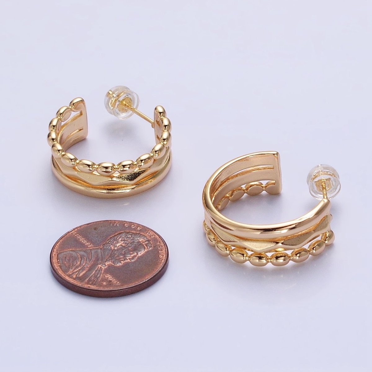 Silver, Gold Triple Band Dented Beaded C-Shaped Wide C-Shaped Hoop Earrings | AB890 AB903