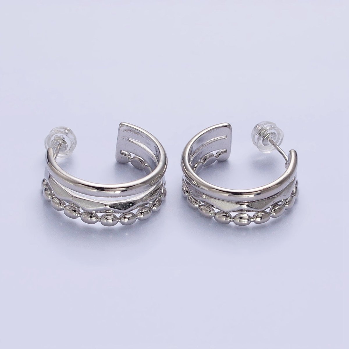 Silver, Gold Triple Band Dented Beaded C-Shaped Wide C-Shaped Hoop Earrings | AB890 AB903