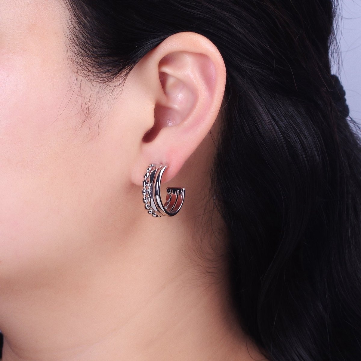 Silver, Gold Triple Band Dented Beaded C-Shaped Wide C-Shaped Hoop Earrings | AB890 AB903