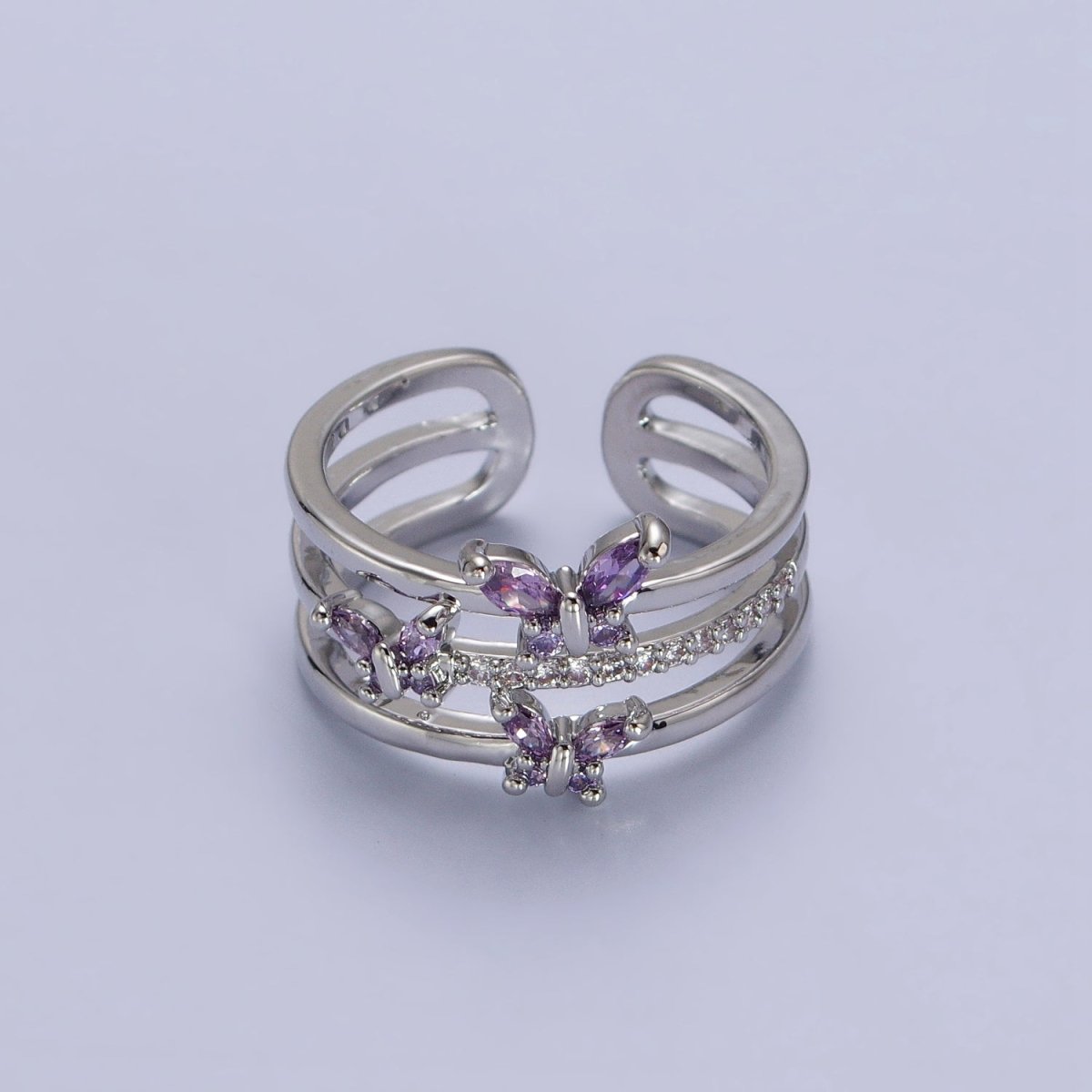 Silver, Gold Triple Band Micro Paved CZ Green, Purple Butterfly Mariposa Ring | O267-O-270