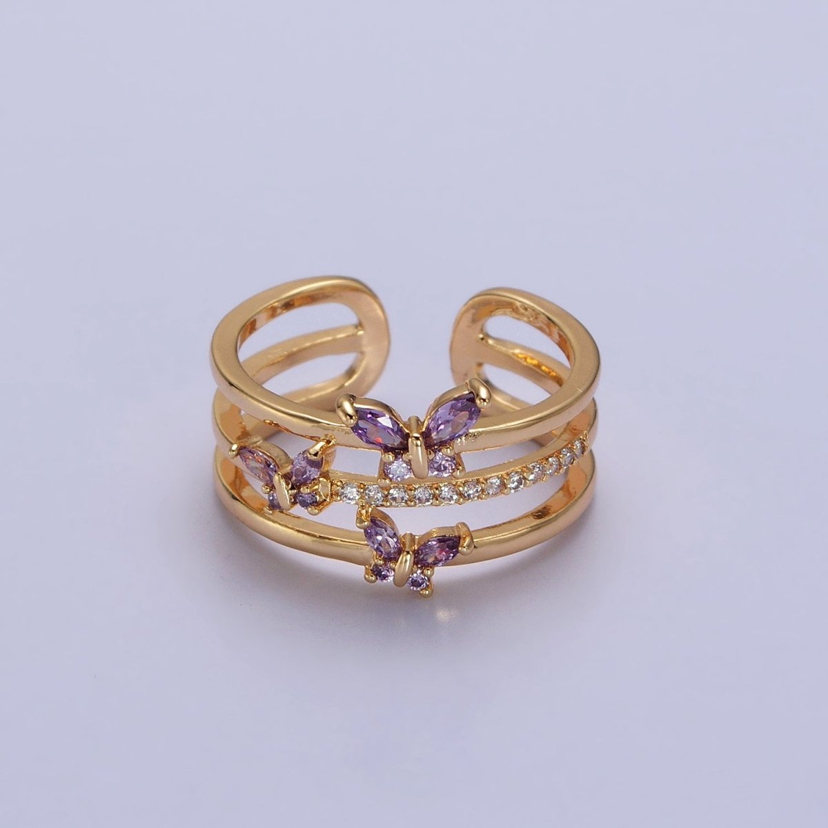 Silver, Gold Triple Band Micro Paved CZ Green, Purple Butterfly Mariposa Ring | O267-O-270