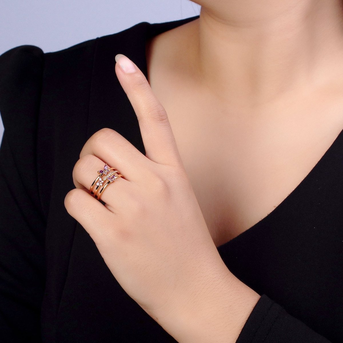 Silver, Gold Triple Band Micro Paved CZ Green, Purple Butterfly Mariposa Ring | O267-O-270