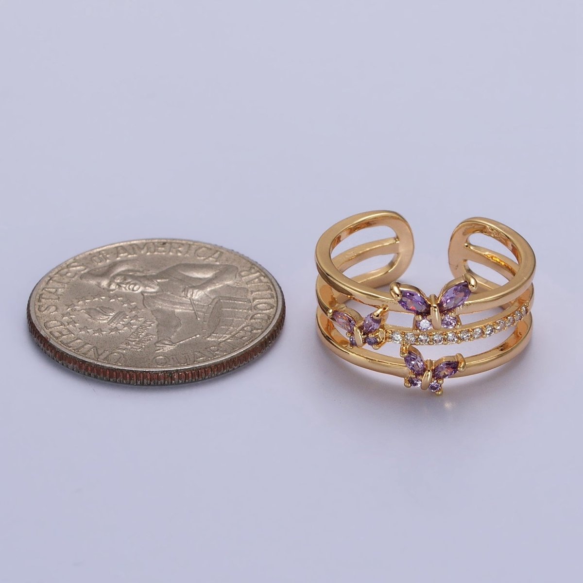 Silver, Gold Triple Band Micro Paved CZ Green, Purple Butterfly Mariposa Ring | O267-O-270