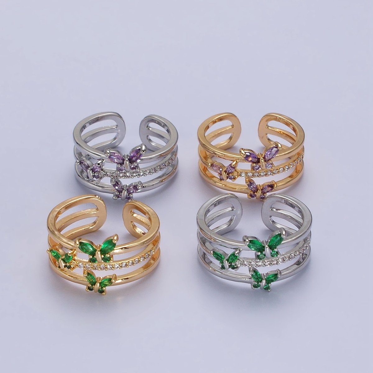 Silver, Gold Triple Band Micro Paved CZ Green, Purple Butterfly Mariposa Ring | O267-O-270