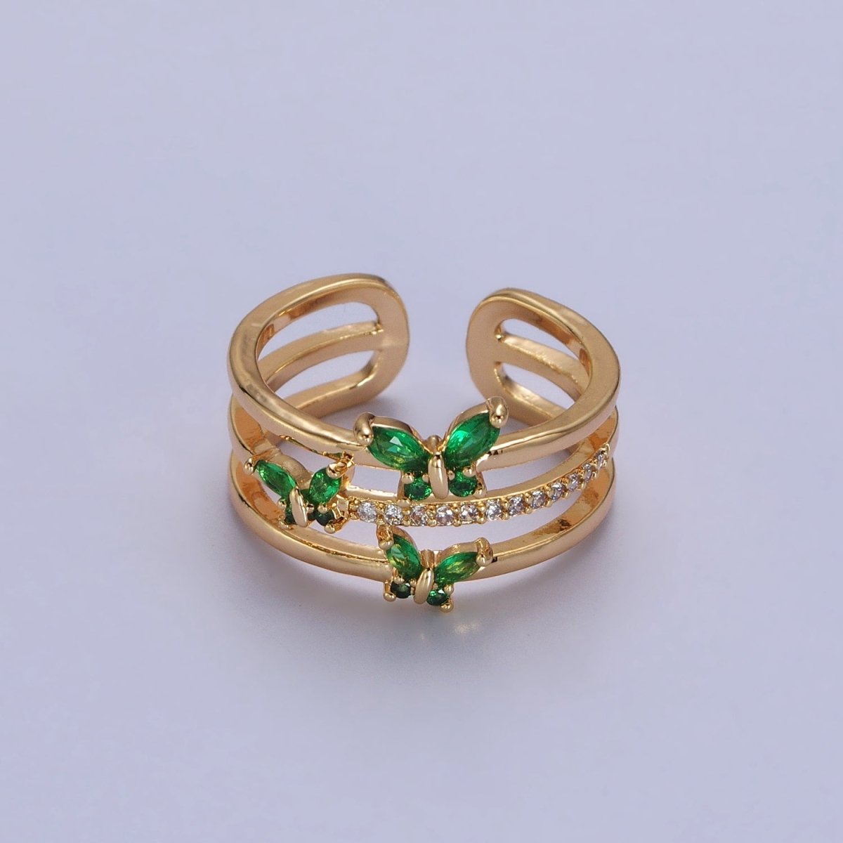 Silver, Gold Triple Band Micro Paved CZ Green, Purple Butterfly Mariposa Ring | O267-O-270